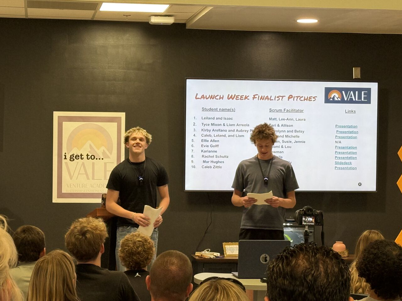VALE student finalists reviewing the Launch Week finalist pitch list
