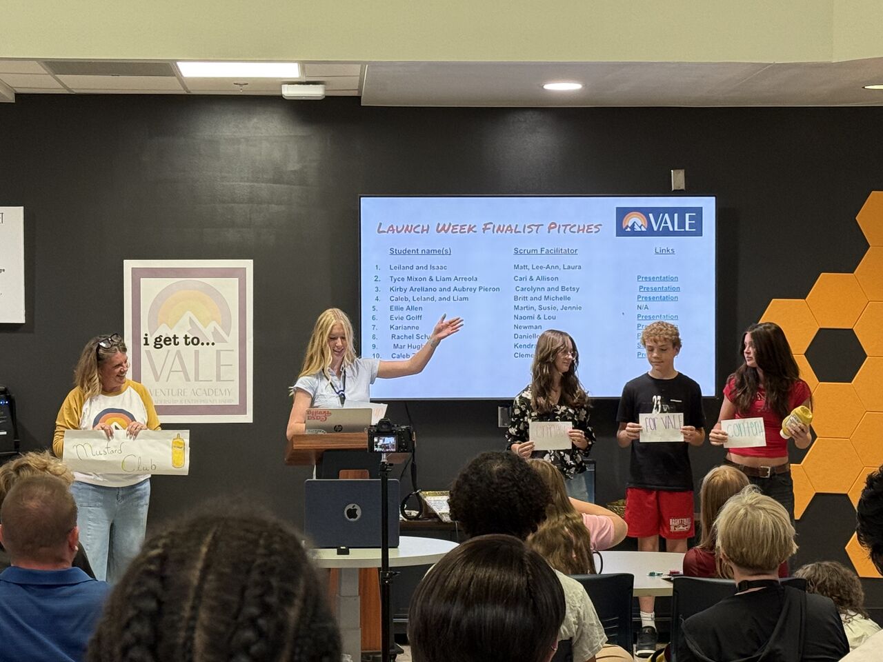 VALE staff and student finalists announcing the Launch Week finalist pitches