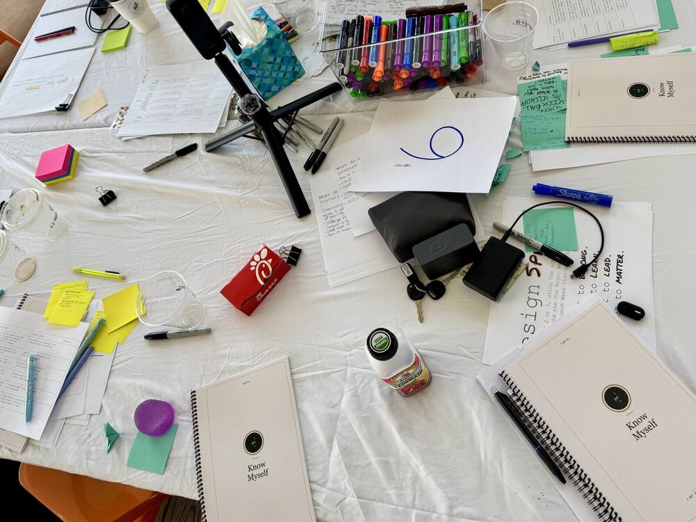 Workshop table with Know Myself journals and planning materials